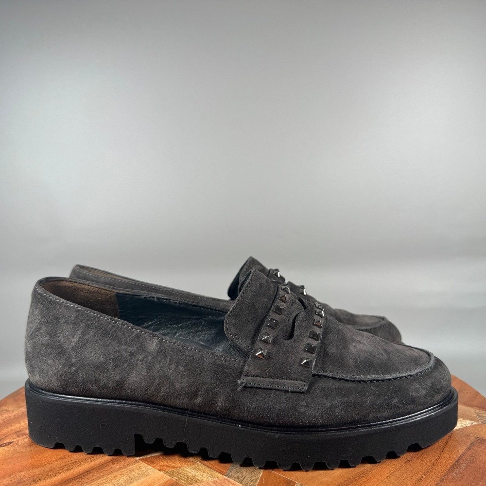 Paul Green Gray Suede Studded Platform Lug Sole Loafers Shoes Size 7.5